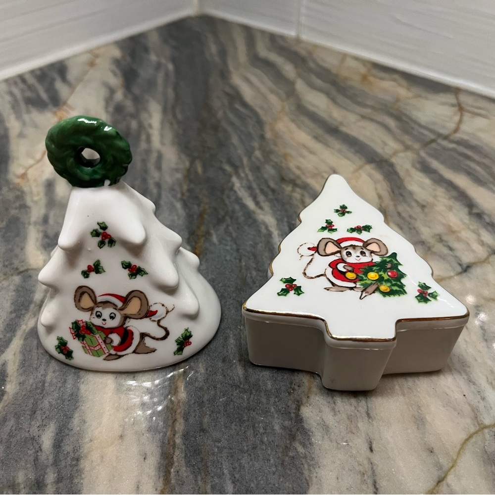 2 VTG Lefton China Hand Painted Gold Trim Mouse Christmas Tree Trinket Box Bell